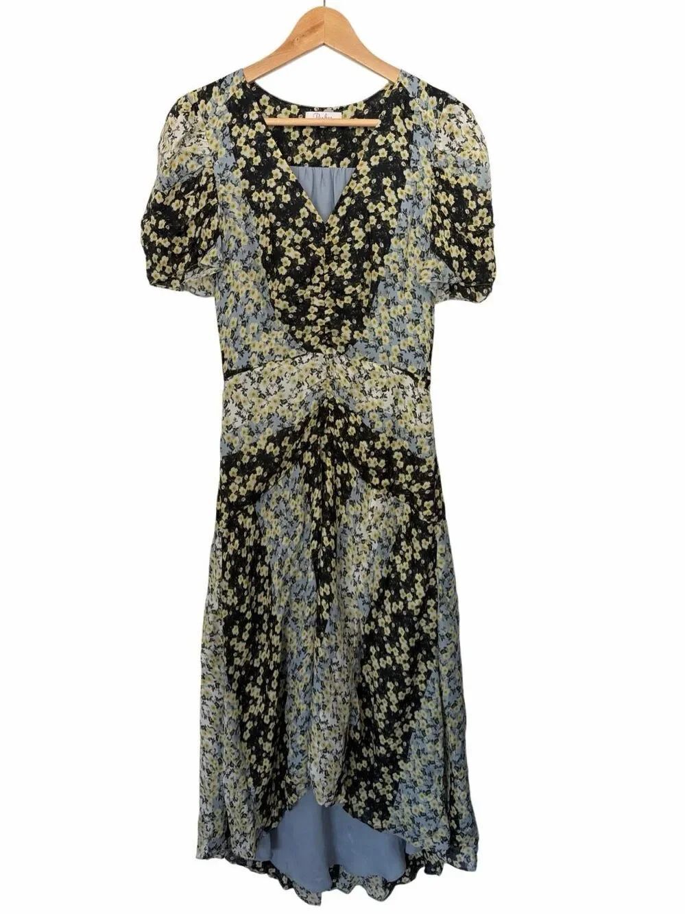 Parker Shelby Silk Floral Blossom Patchwork MIDI Dress Blue Multi Size 2 - Picture 3 of 12